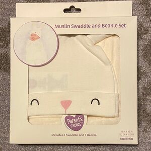 Parent's Choice 100% cotton 40in x 40in Swaddle & 1 Beanie with bunny ears. NWT